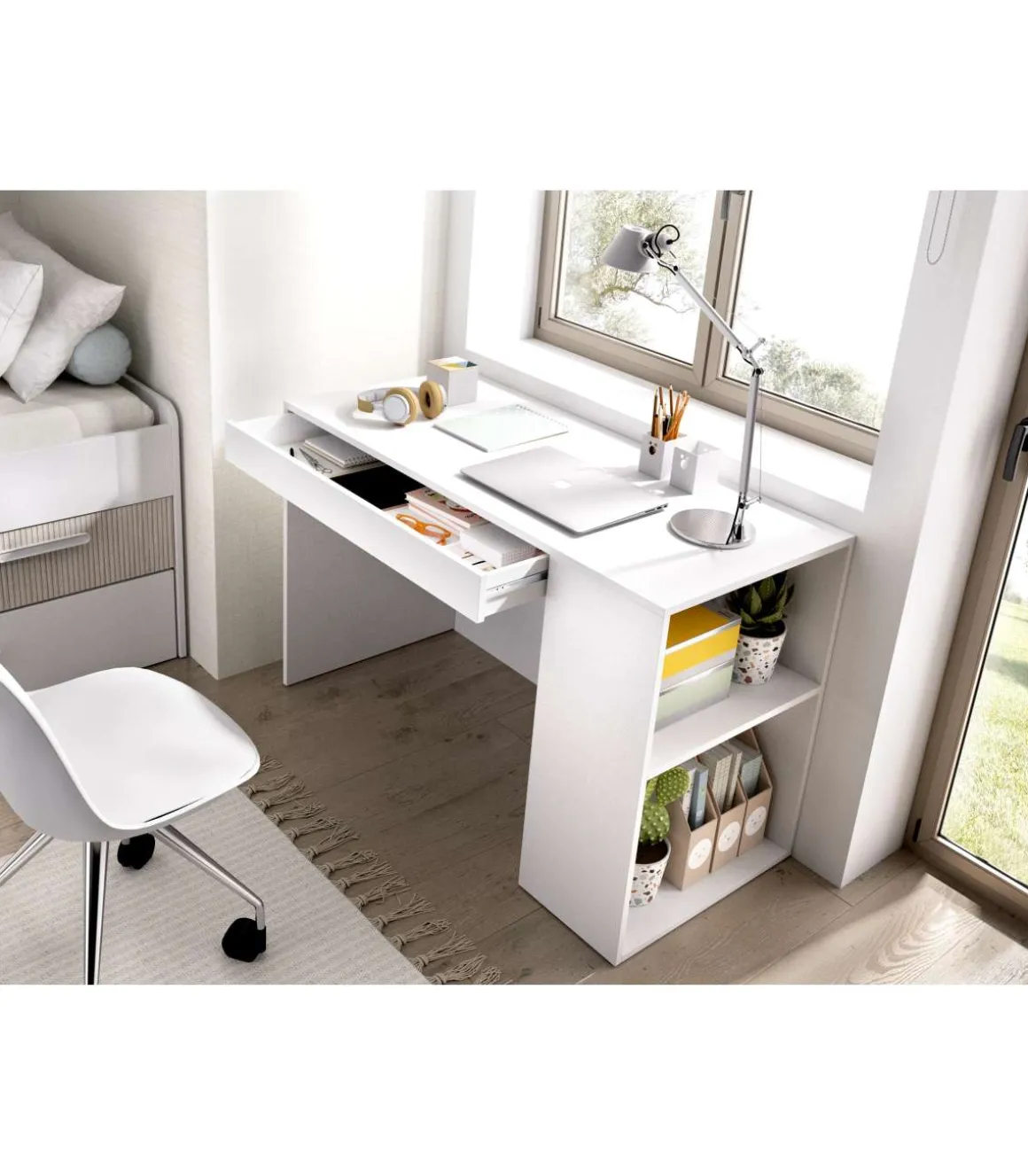 Escritorio Navas con estante y 1 cajon en blanco 74 cm(alto)115 cm(ancho)50 cm(fondo)
