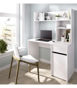Escritorio Rebeca con puerta + cajón + altillo acabado blanco, 74cm(alto) 110cm(ancho) 50cm(fondo)