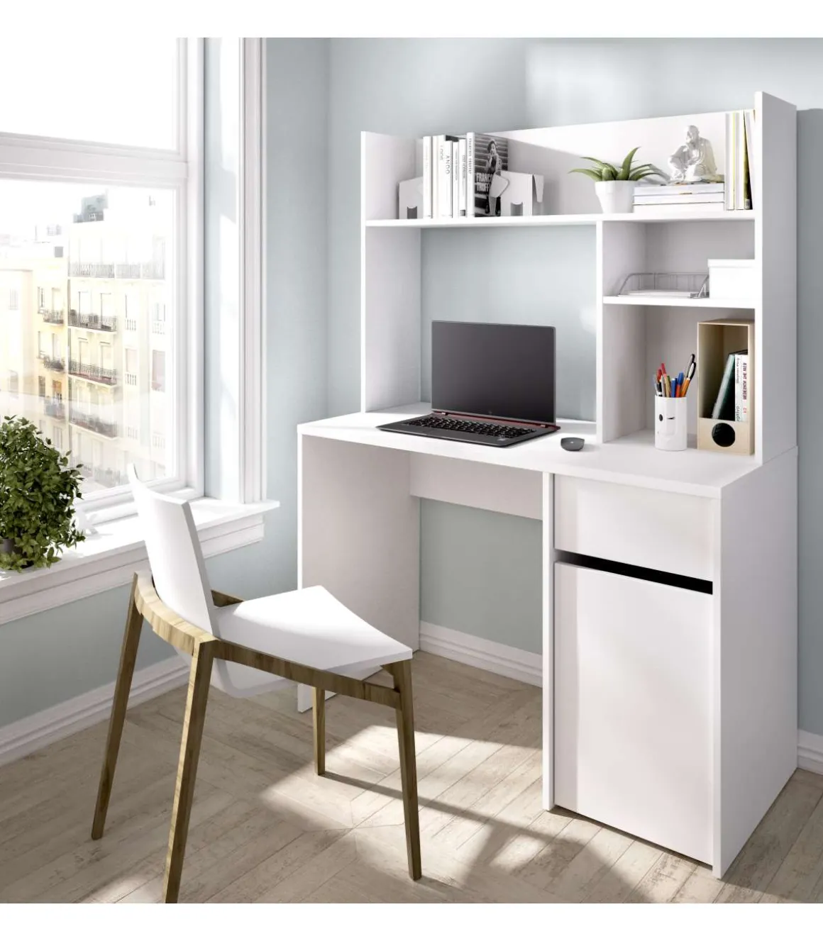 Escritorio Rebeca con puerta + cajón + altillo acabado blanco, 74cm(alto) 110cm(ancho) 50cm(fondo)