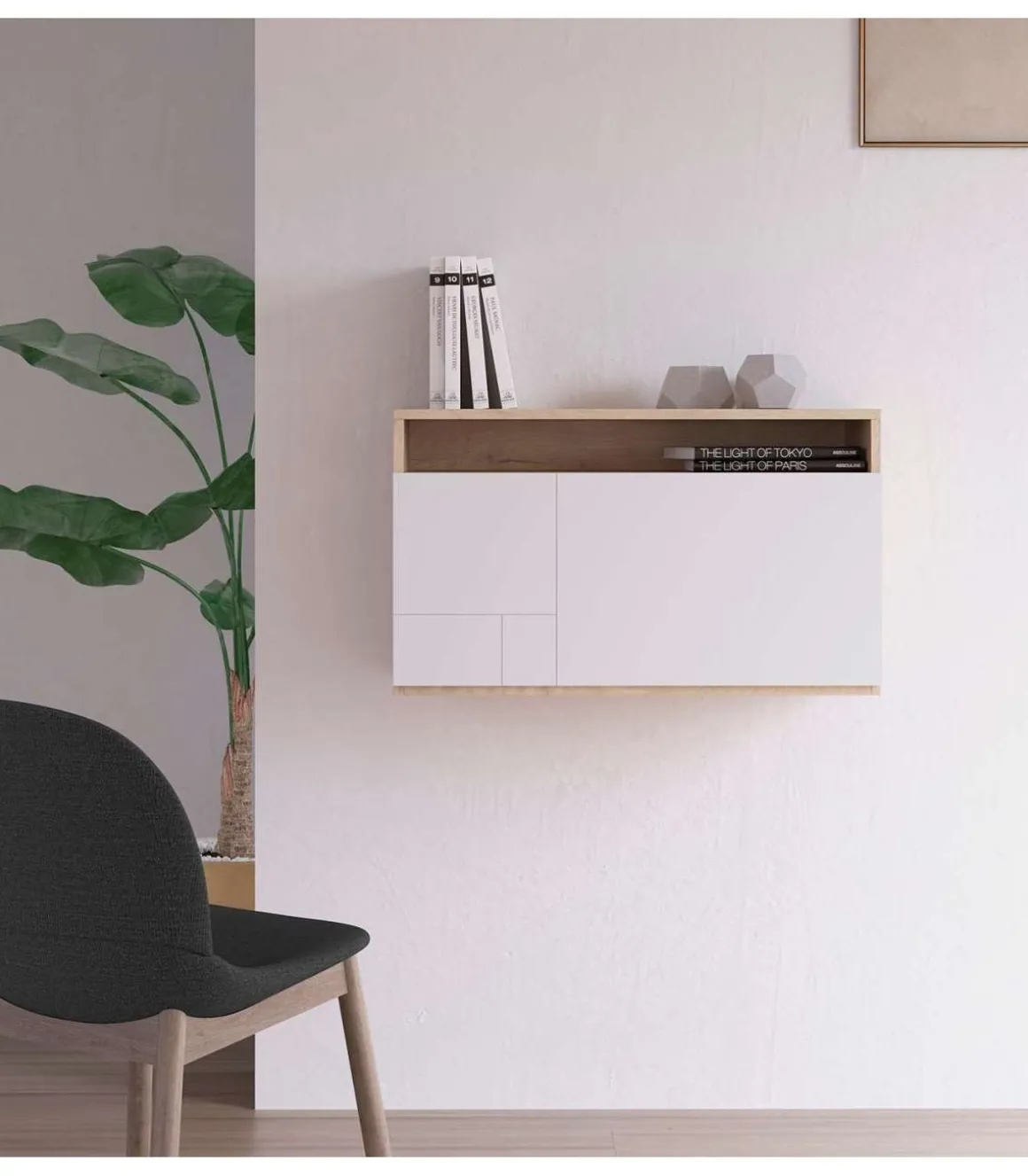 Escritorio suspendido modelo 628 color roble y blanco. 44x75x30 (alto x ancho x fondo)
