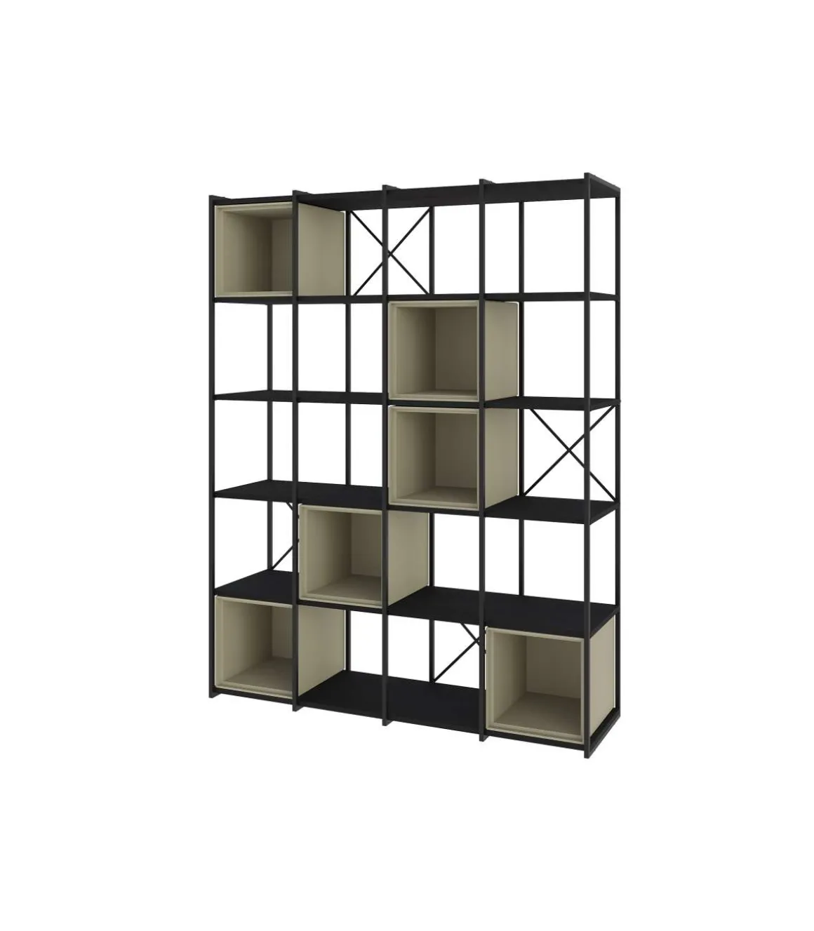 Estantería 5 cubos y estantes modelo Berta-140 acabado negro/verde, 179cm(alto) 140cm(ancho) 39cm(largo).