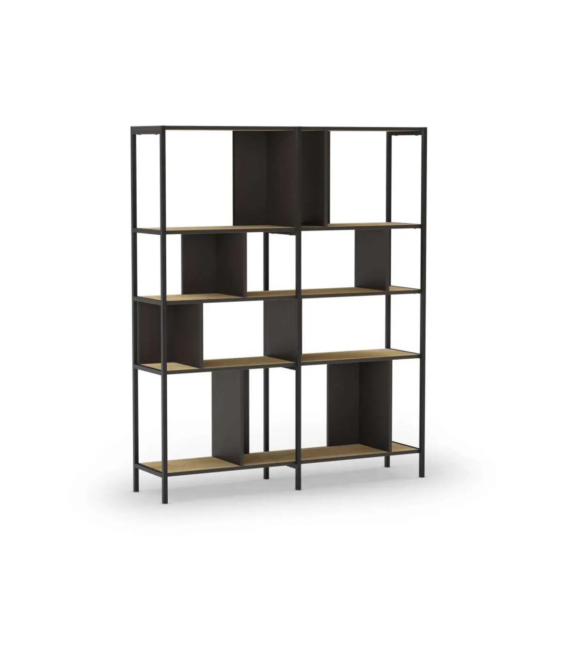 Estantería varios estantes modelo Amaya-144 acabado roble/negro, 175cm(alto) 144cm(ancho) 35cm(largo).