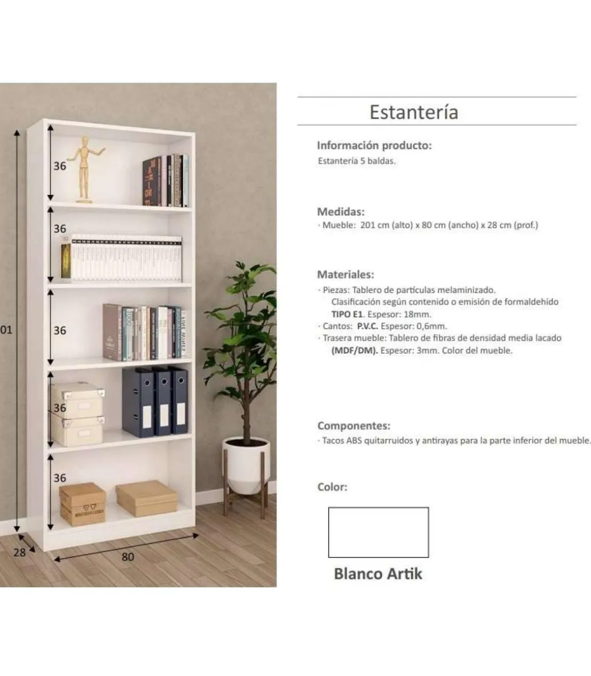 Estanteria cinco baldas Tokio acabado blanco artik 201 cm(alto)80 cm(ancho)28 cm(fondo) .