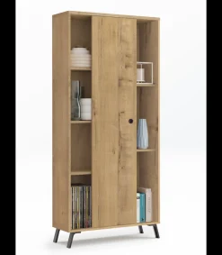 Librería Kamet con puerta corredera acabado roble gold, 180cm(alto) 80cm(ancho) 30cm(fondo).