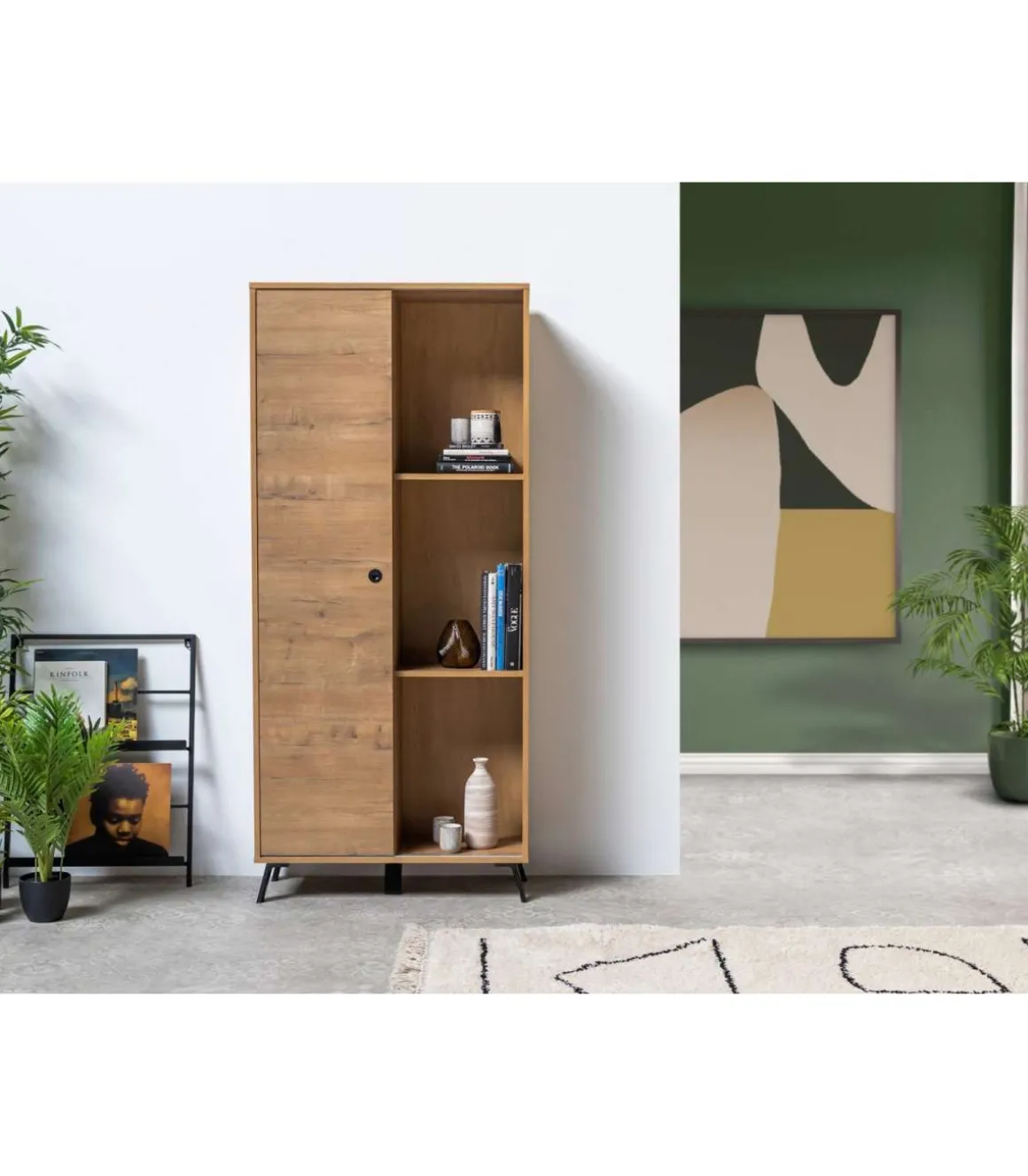 Librería Kamet con puerta corredera acabado roble gold, 180cm(alto) 80cm(ancho) 30cm(fondo).