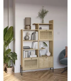 Librería 3 puertas y estantes India acabado roble/negro, 160cm(alto) 99.4cm(ancho) 29.5cm(largo).