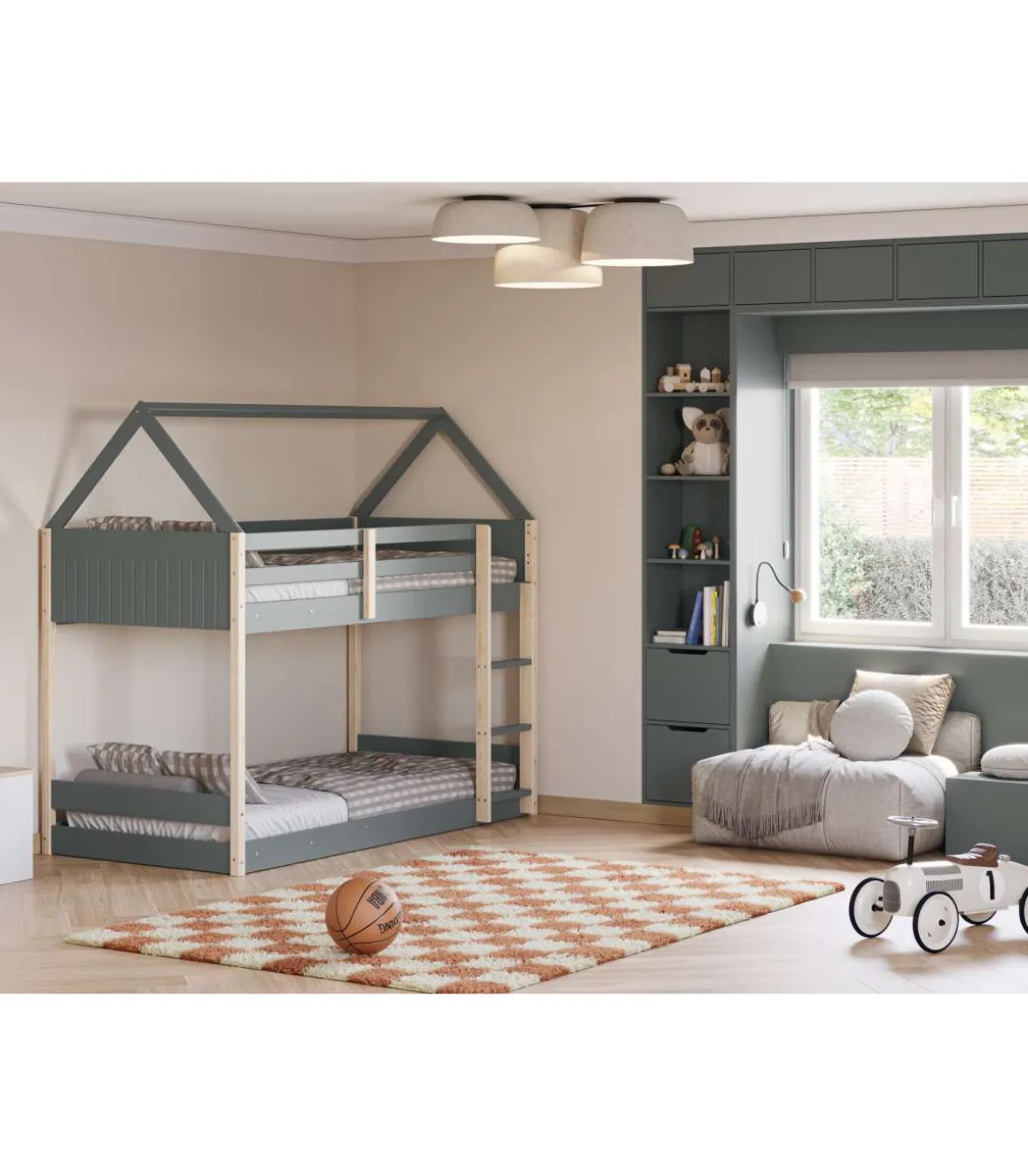 Litera juvenil Moira-Casita acabado verde kaki/natural, (Largo 197.4 x ancho 103.4 x alto 174.9 cm)