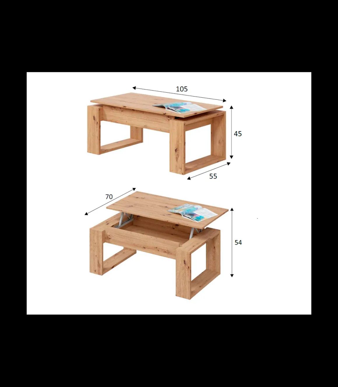 Mesa centro Caspe elevable acabado roble nordish. Medidas: 105 cm (Ancho) x 55 cm (Fondo) x 45 cm (Alto)