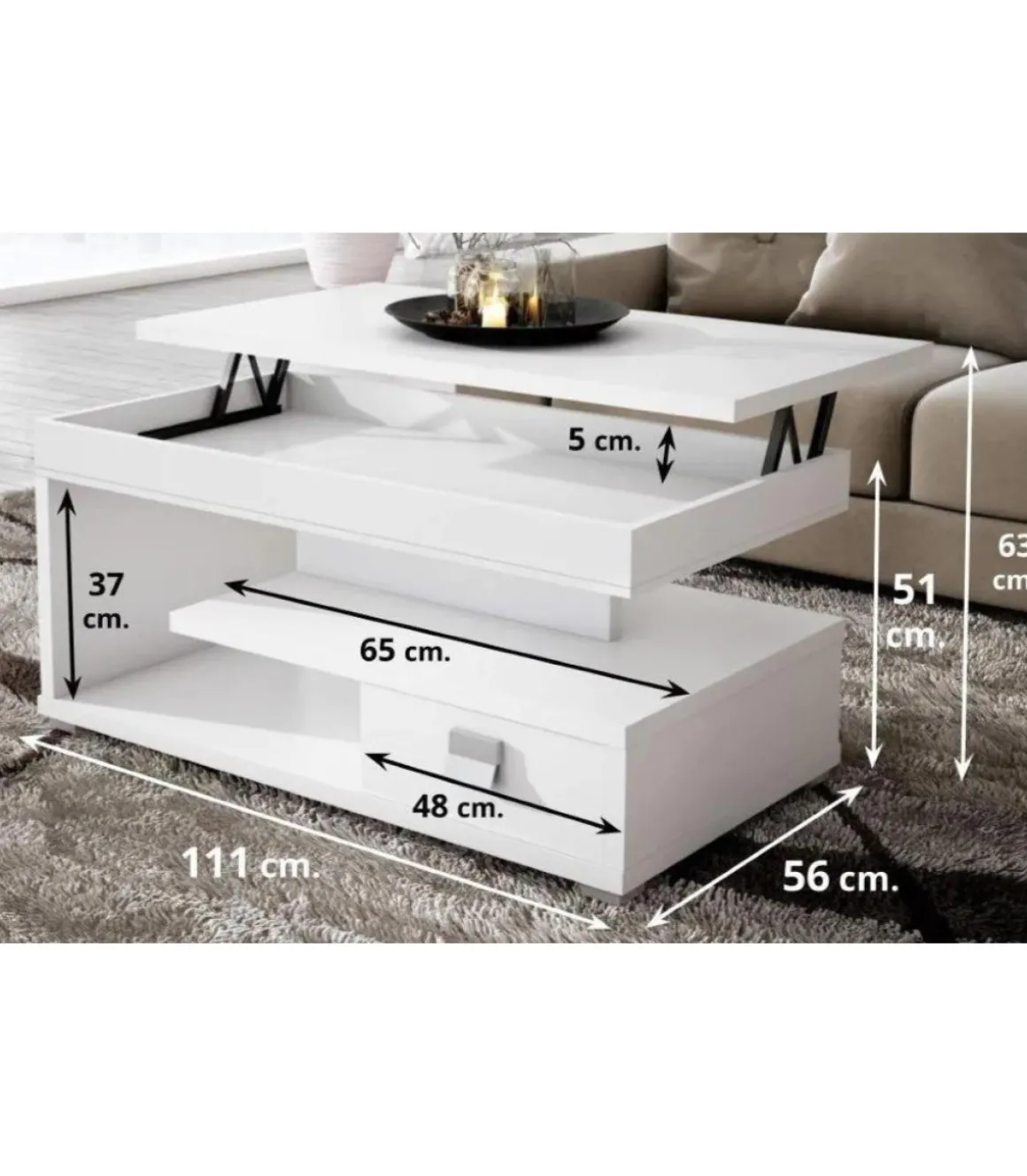 Mesa centro elevable acabado blanco, 51 cm(alto) 110 cm(ancho) 55 cm(largo)