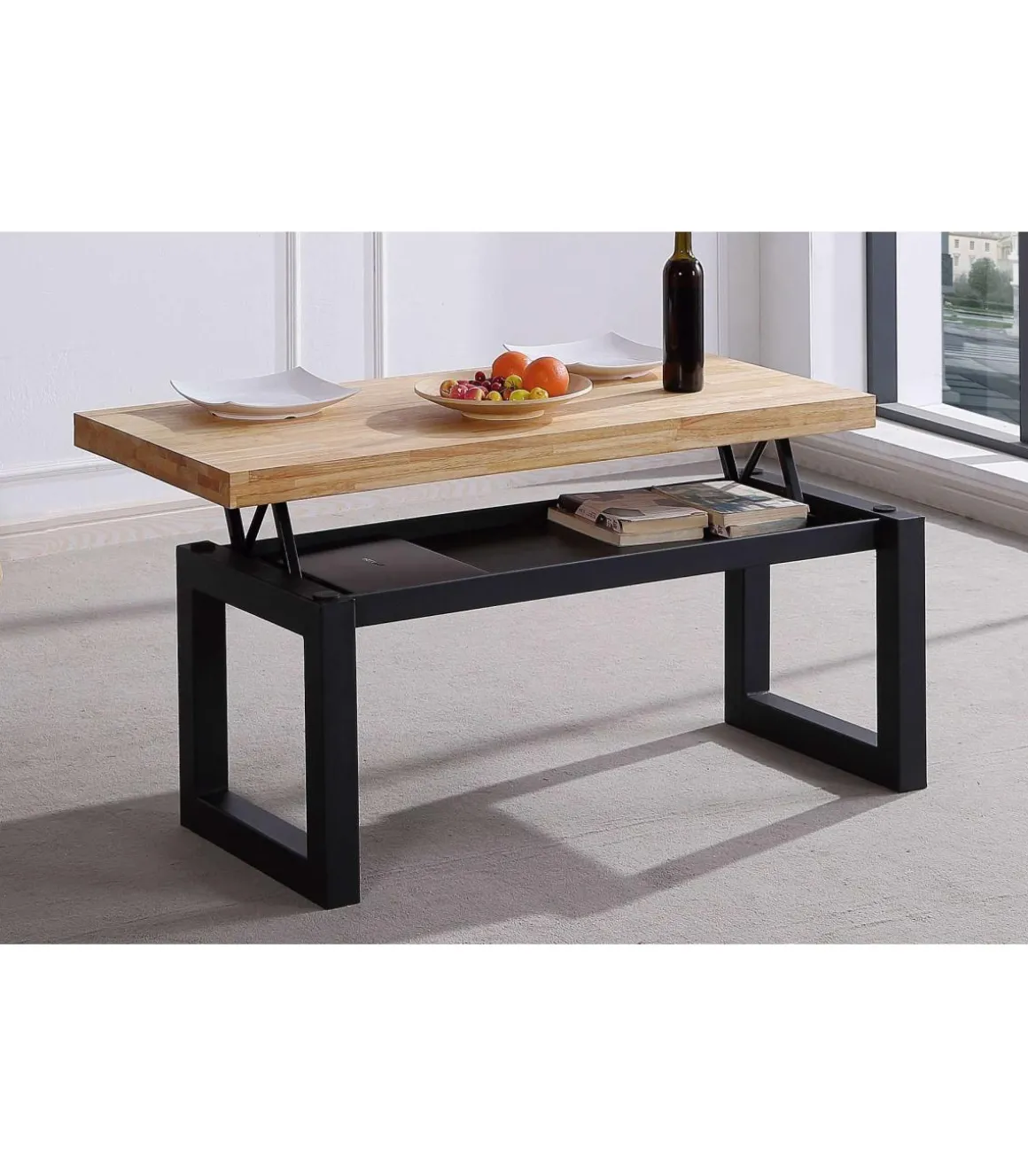Mesa centro elevable Loft color roble nordish estructura en negro 47,5 cm(alto)120 cm(ancho)60 cm(largo)