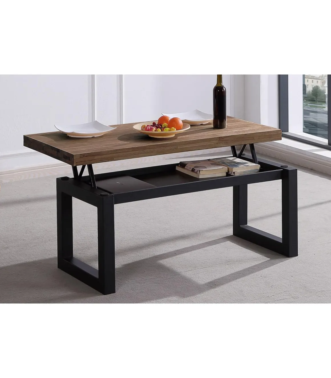 Mesa centro elevable Loft color roble American estructura en negra 47,5 cm(alto)120 cm(ancho)60 cm(fondo).