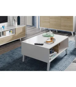 Mesa centro elevable Oria en blanco y roble canadian 38 cm(alto)100 cm(ancho)68 cm(largo)
