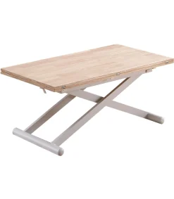 Mesa centro elevable y extensible Natural acabado roble patas blancas, 57-114 cm(fondo) 110/114 cm (ancho) 49/76(alto).