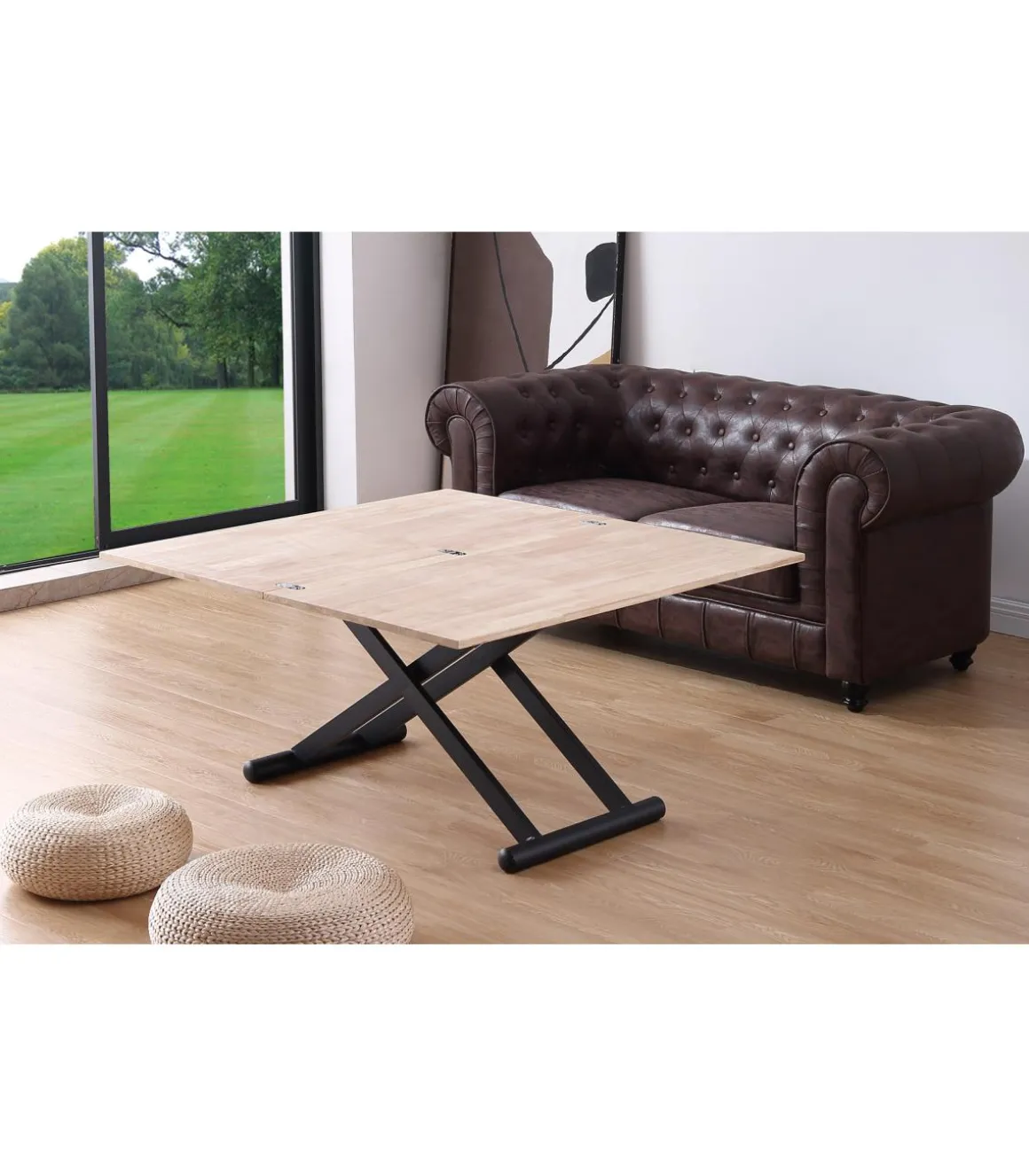 Mesa centro elevable y extensible Natural acabado roble patas negras, 57-114 cm(fondo) 110/114 cm (ancho) 49/76(alto).