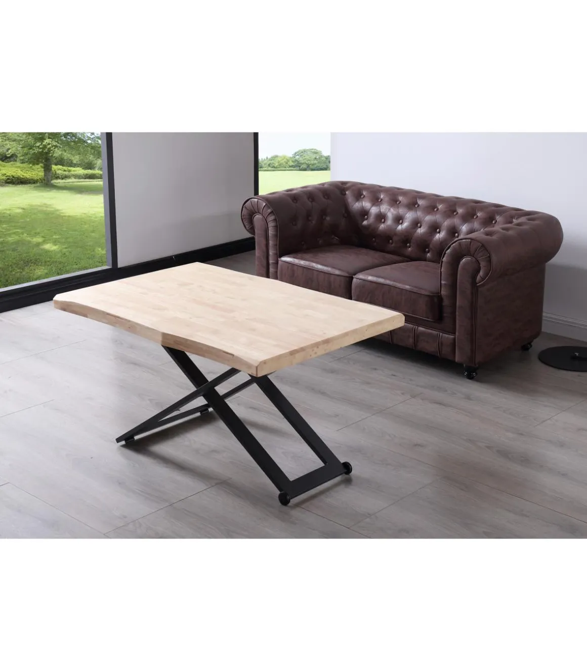 Mesa centro elevable Zoe tapa con forma acabado roble nordish/negro, 120cm (largo) 80cm (ancho) 49/79cm (alto).