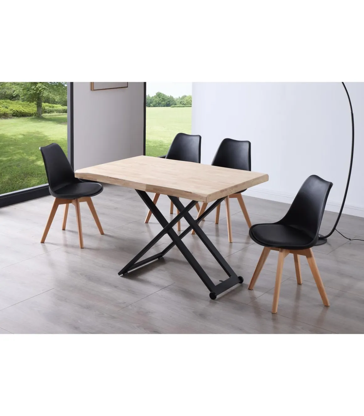 Mesa centro elevable Zoe tapa con forma acabado roble nordish/negro, 120cm (largo) 80cm (ancho) 49/79cm (alto).