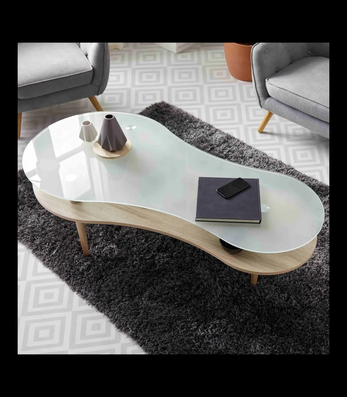 Mesa centro modelo Peanut para salón acabado cristal glaseado, 60cm(alto) 140cm(ancho) 70cm(largo)