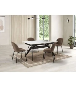 Mesa comedor rectangular extensible MANU tapa cerámico blanco patas metal negro, 76cm(alto) 160/220cm(ancho) 90cm(largo)