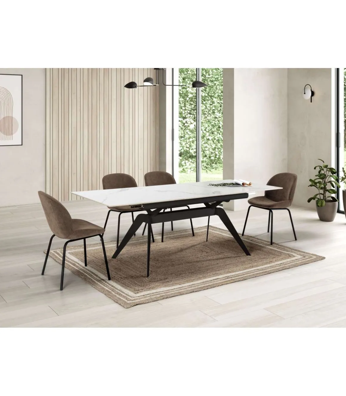 Mesa comedor rectangular extensible MANU tapa cerámico blanco patas metal negro, 76cm(alto) 160/220cm(ancho) 90cm(largo)