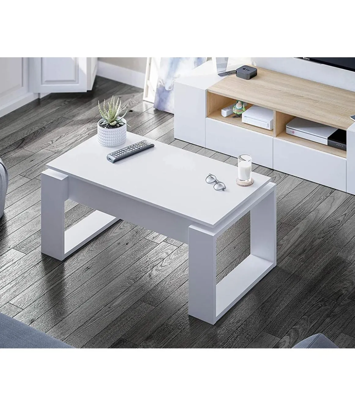 Mesa de centro Caspe elevable blanco Artik, 105cm (Ancho) x 55 cm (Fondo) x 45-54 cm (Alto)