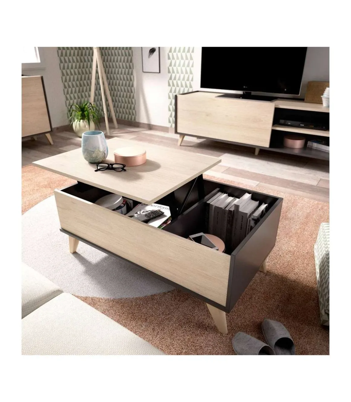 Mesa de centro elevable Cazalilla acabado natural/grafito, 41 cm(alto)99 cm(ancho)60 cm(largo)