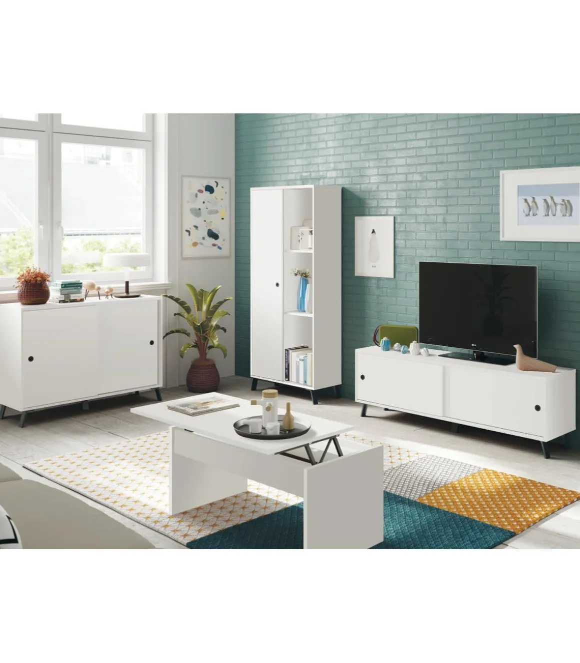Mesa de centro Elevable Oslo acabado blanco, 47-58 cm(alto)100 cm(ancho)50 cm(largo)
