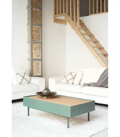 Mesa de centro para comedor modelo Arista 2 cajones acabado verde oliva, 60cm(ancho) 34cm(alto) 110cm (largo)