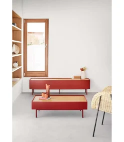 Mesa de centro para comedor modelo Arista 2 cajones acabado burdeos, 60cm(ancho) 34cm(alto) 110cm (largo)