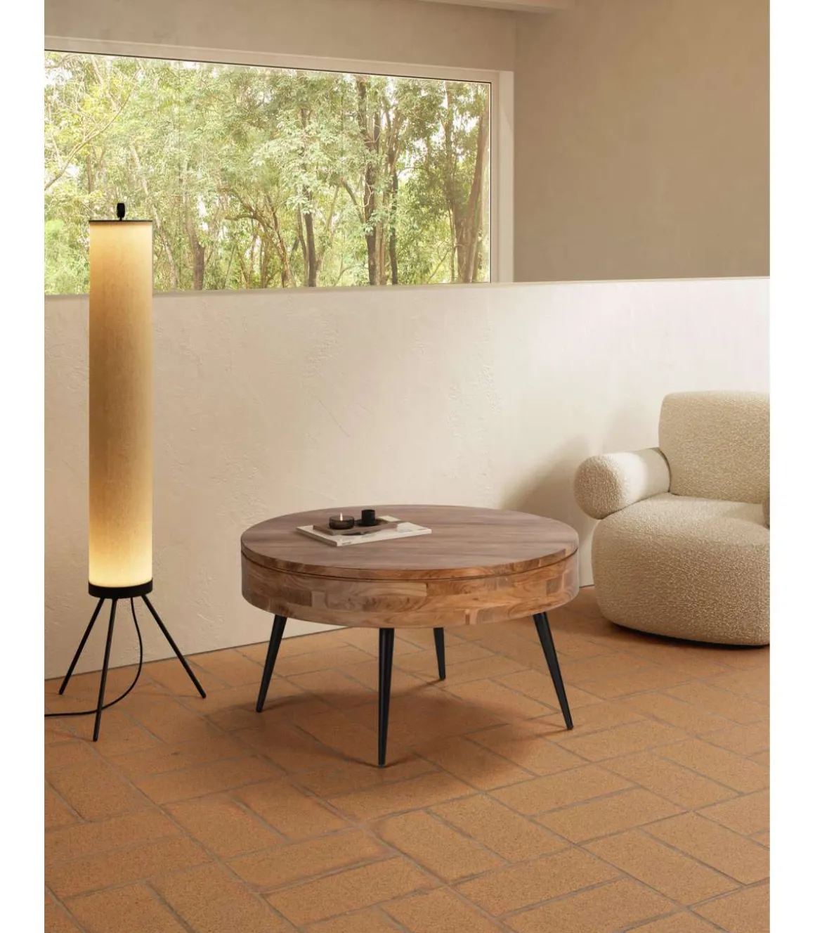 Mesa de centro redonda modelo Erika acabado madera de acacia, 50cm(alto) 90cm(ancho) 90cm(fondo).