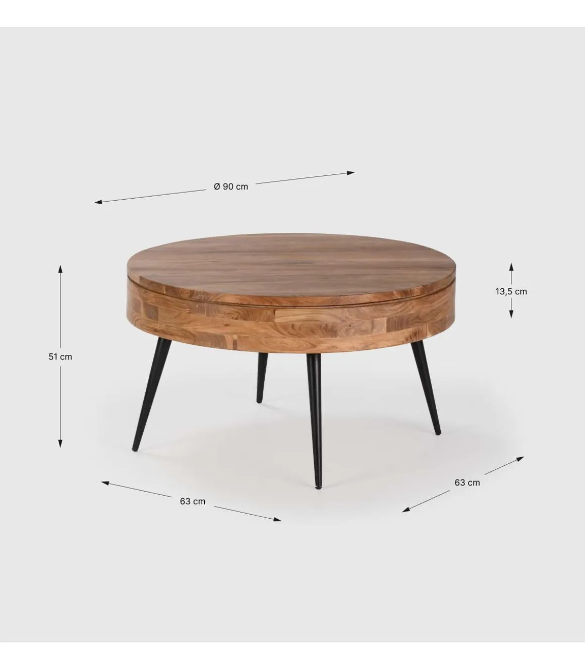 Mesa de centro redonda modelo Erika acabado madera de acacia, 50cm(alto) 90cm(ancho) 90cm(fondo).