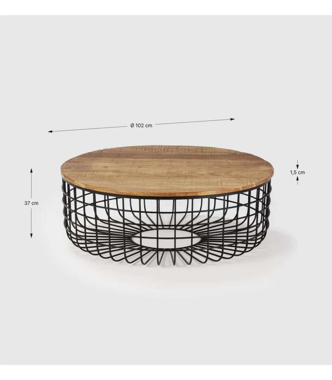 Mesa de centro redonda modelo Susan acabado madera de acacia, 37cm(alto) 102cm(ancho) 102m(fondo).