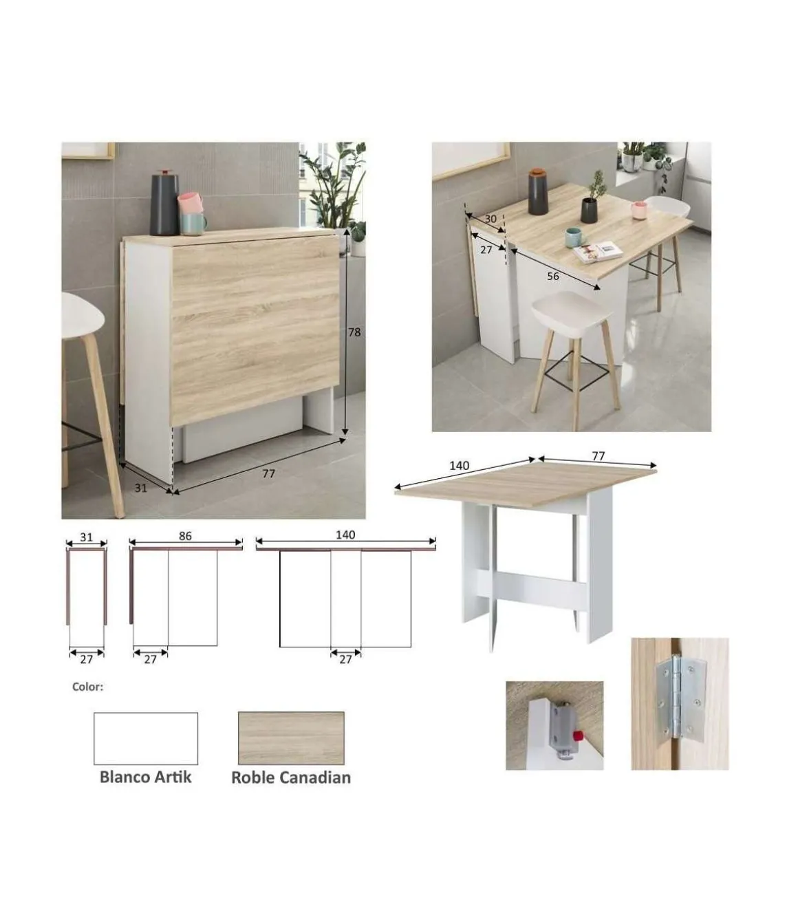 Mesa de cocina con alas abatibles Cosmos 31/86/140cm (ancho) 78cm (alto) 77cm (fondo).