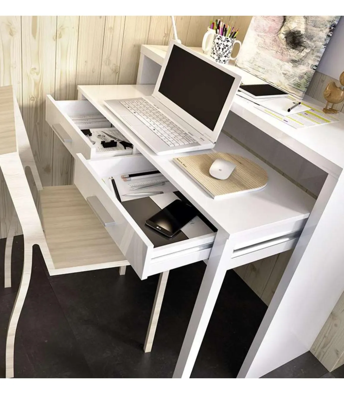 Mesa de despacho extensible Torreperogil acabado blanco brillo 88 cm(alto)99 cm(ancho)36 cm(fondo)