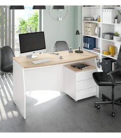 Mesa despacho Zoe con buc tres cajones Blanco Artik combinado Roble canadian 74 cm (alto) x 136 cm (ancho) x 67 cm (prof.)