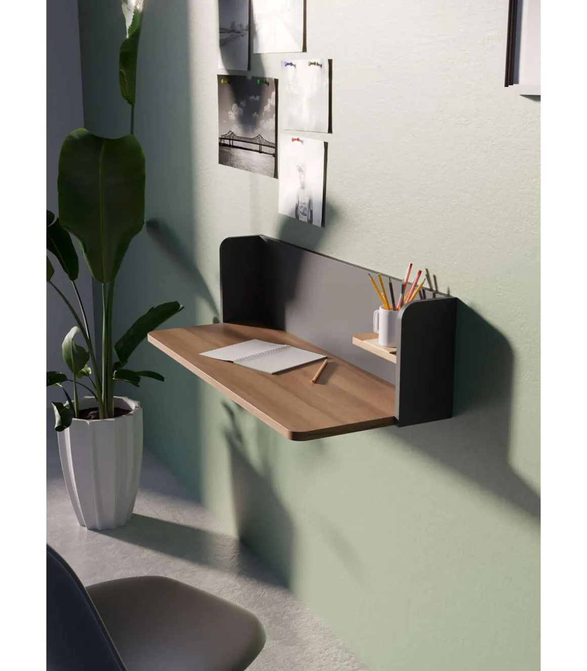 Mesa estudio para colgar Mod-Roman acabado nogal/grafito, 35 x 90 x 25 cm (fondo x ancho x alto)