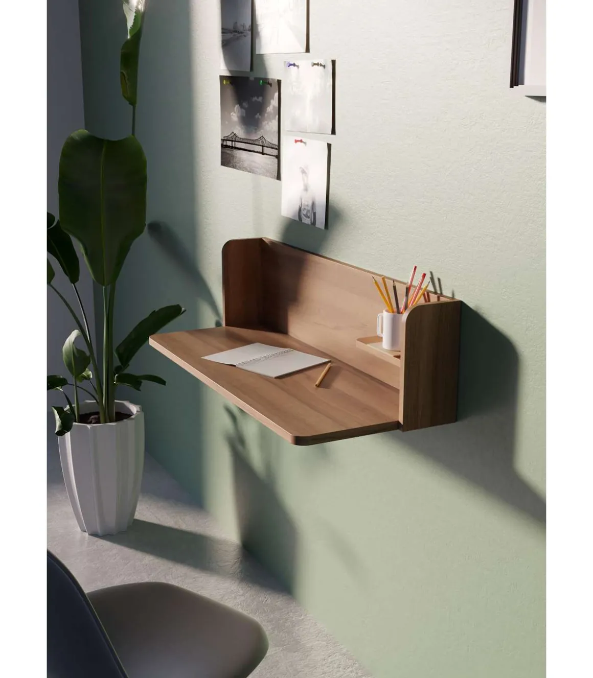 Mesa estudio para colgar Mod-Roman acabado nogal, 35 x 90 x 25 cm (fondo x ancho x alto)