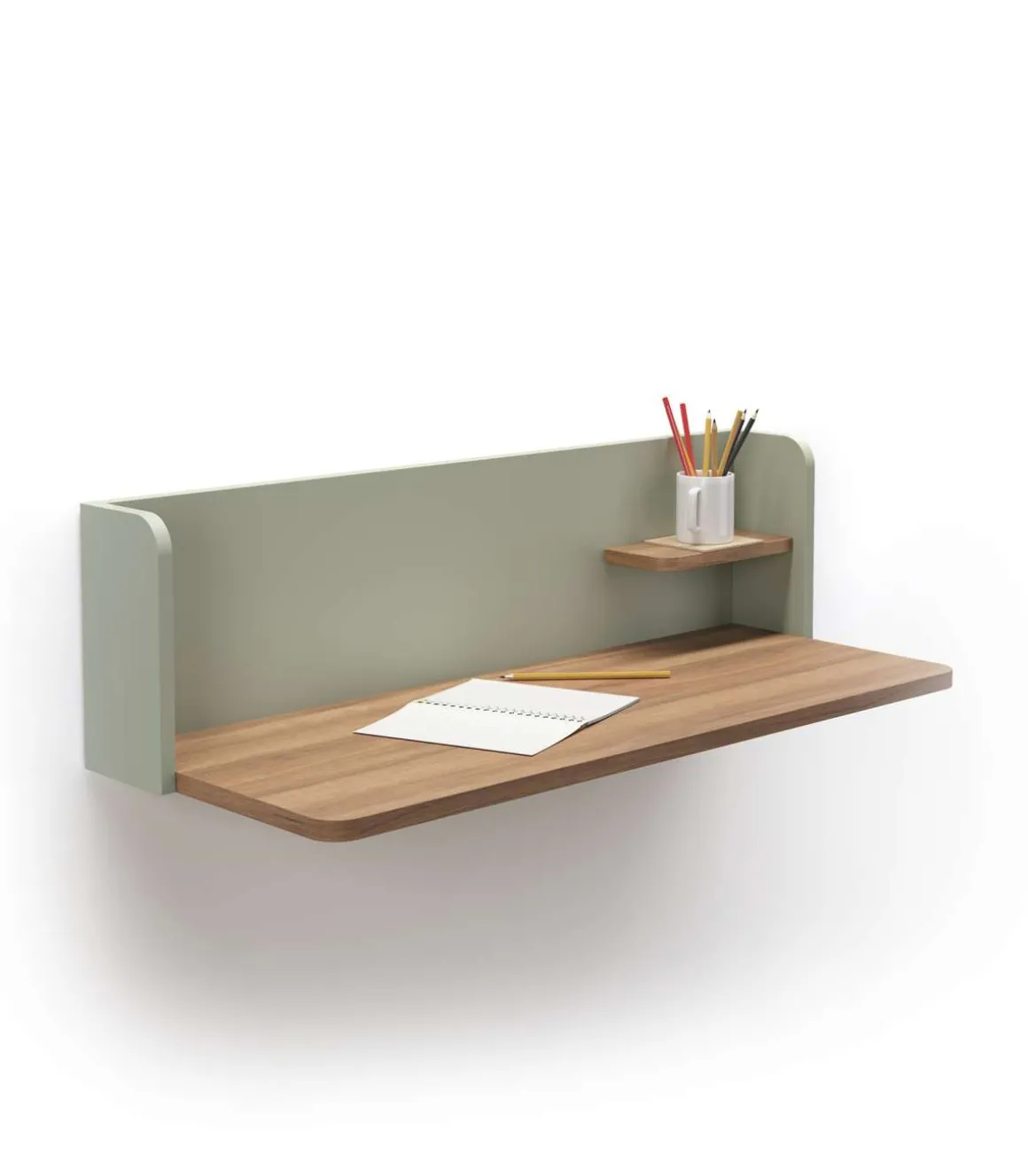Mesa estudio para colgar Mod-Roman acabado nogal/verde, 35 x 90 x 25 cm (fondo x ancho x alto)