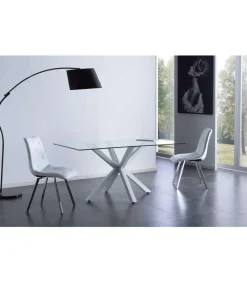 Mesa fija Cross para salon o cocina de cristal patas blancas 75 cm(alto)160 cm(ancho)90 cm(largo)