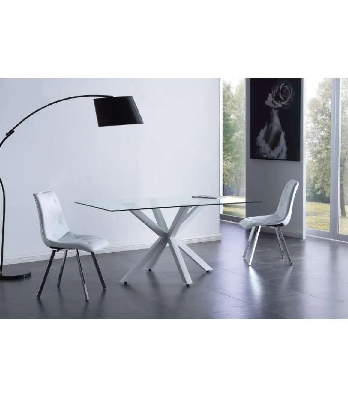 Mesa fija Cross para salon o cocina de cristal patas blancas 75 cm(alto)160 cm(ancho)90 cm(largo)