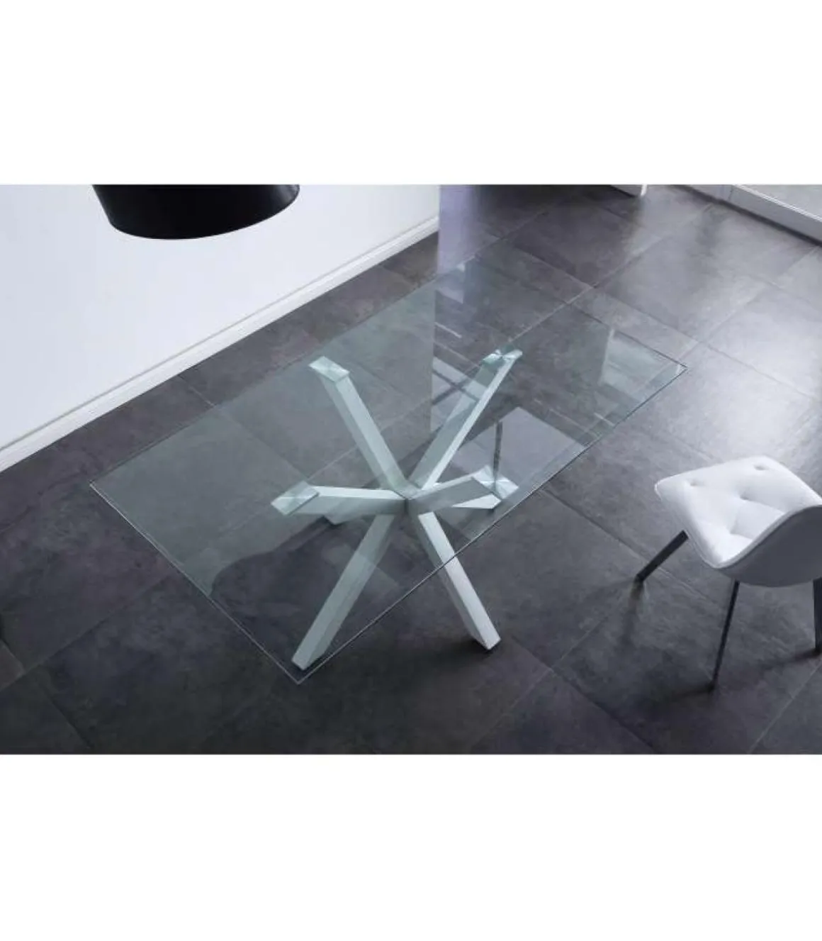 Mesa fija Cross para salon o cocina de cristal patas blancas 75 cm(alto)160 cm(ancho)90 cm(largo)
