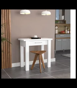 Mesa para cocina, comedor abatible 1 cajón Md-Bety acabado cristal blanco, 80cm(ancho) 75cm(altura) 40/80cm(fondo).