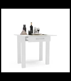 Mesa para cocina, comedor abatible 1 cajón Md-Bety acabado cristal blanco, 80cm(ancho) 75cm(altura) 40/80cm(fondo).