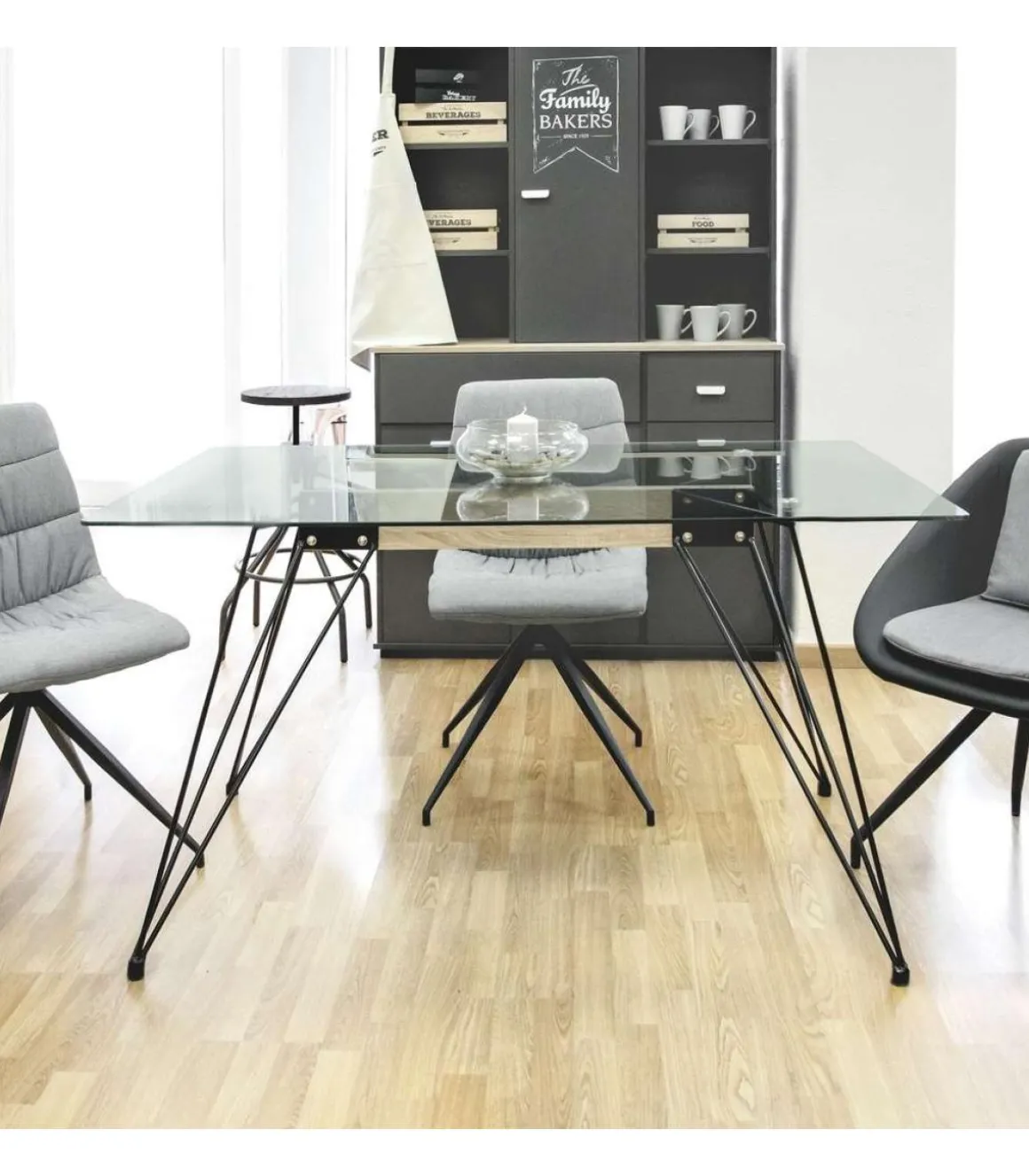 Mesa para cocina, comedor Md-Sally tapa cristal transparente, 140cm(ancho) 75cm(altura) 90cm(fondo).