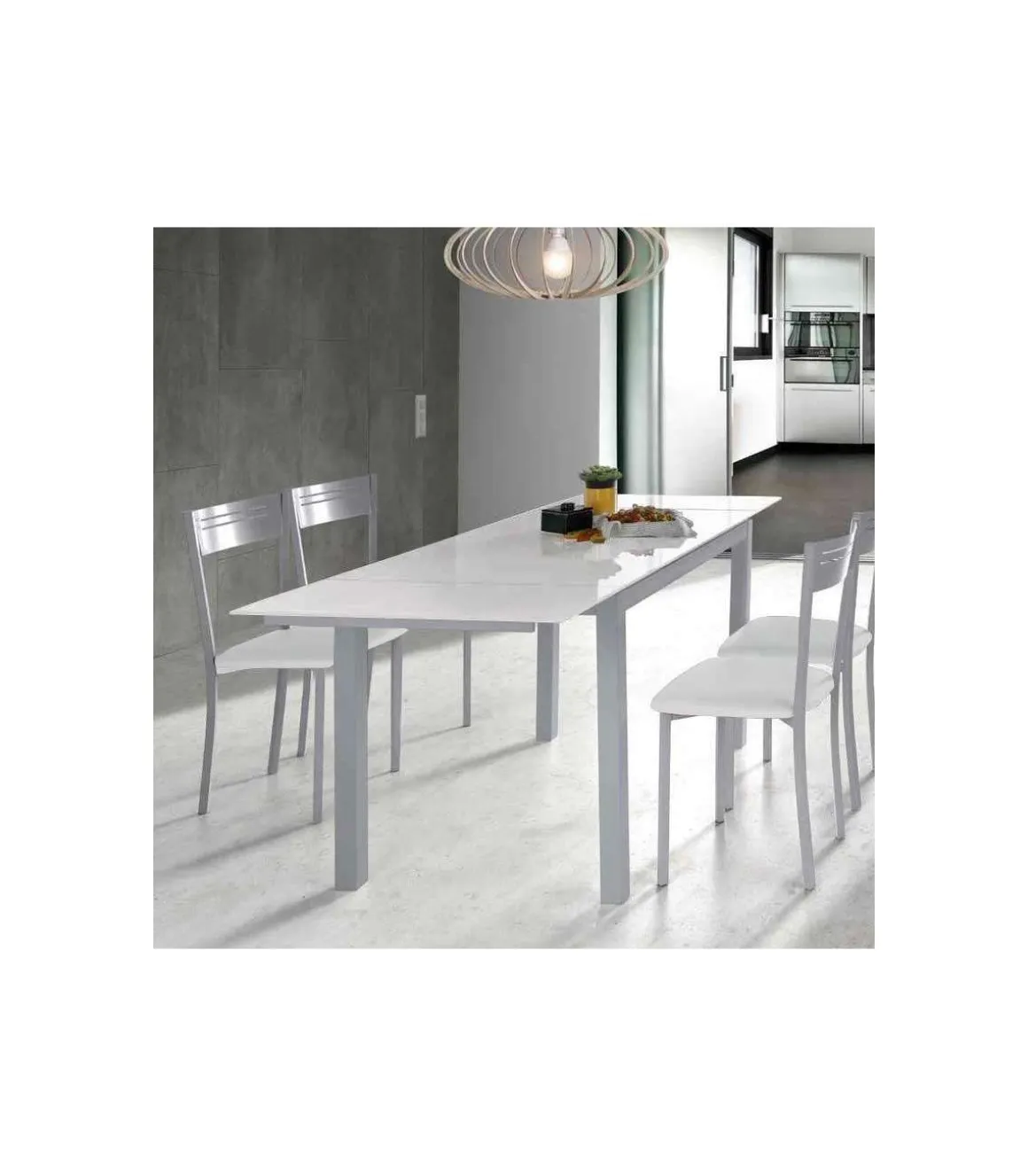 Mesa para cocina extensible acabado cristal blanco, 76.5 cm(alto) 110/170 cm(ancho)70 cm(fondo).