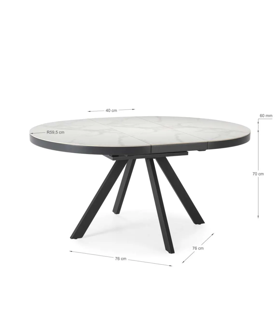 Mesa para comedor redonda extensible Md-Lana acabado cerámica blanca, 120/160cm(ancho) 76cm(altura) 120cm(fondo).