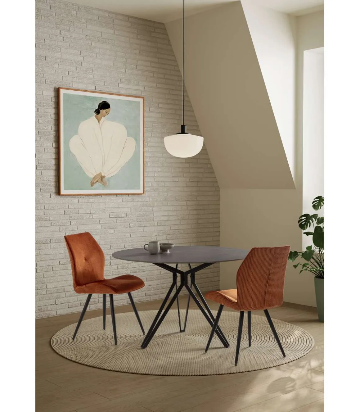 Mesa para comedor redonda fija Md-Malena acabado cerámica gris claro, 120cm(ancho) 76cm(altura) 120cm(fondo).