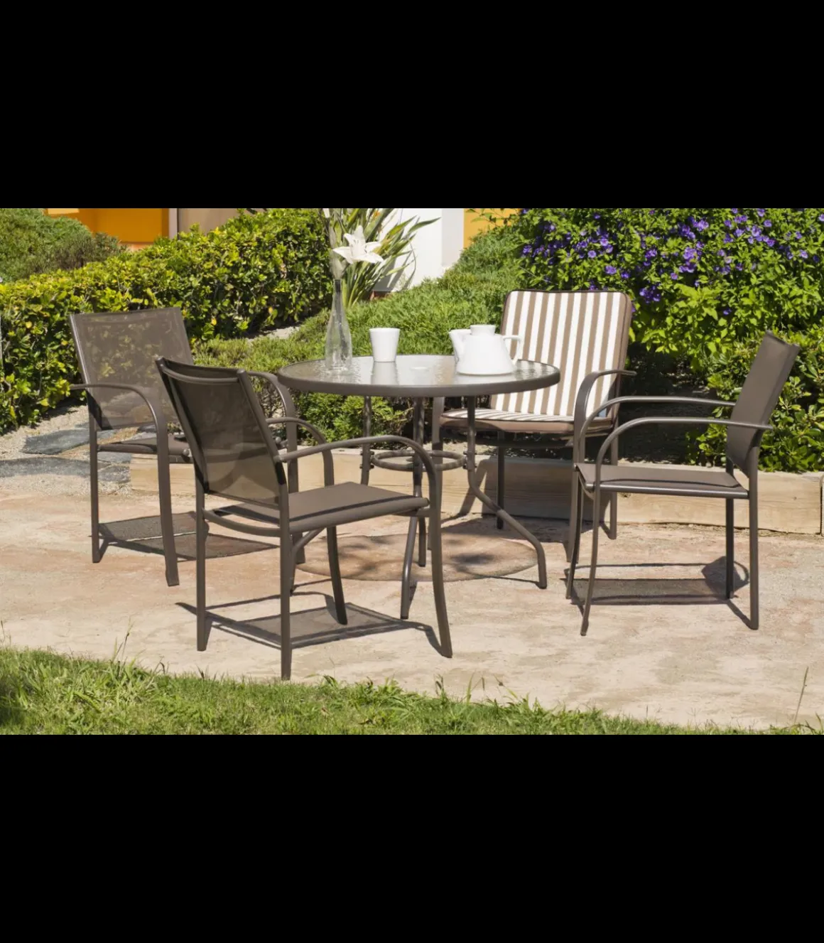 Mesa redonda de acero Macao-90 acabado color bronce, (diámetro-alto): 90x75 cm..