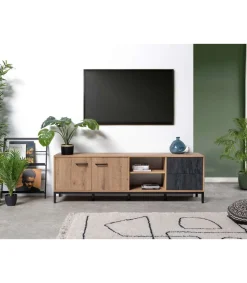 Mesa televisión París 2 puertas, 2 huecos y 2 cajones en acabado color roble gold, 55cm(alto) 180cm(ancho) 40cm(largo)