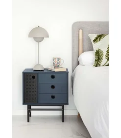 Mesita de noche para dormitorio modelo Punto 1 puerta 3 cajones acabado azul/negro, 35cm(ancho) 55cm(alto) 48cm(largo)