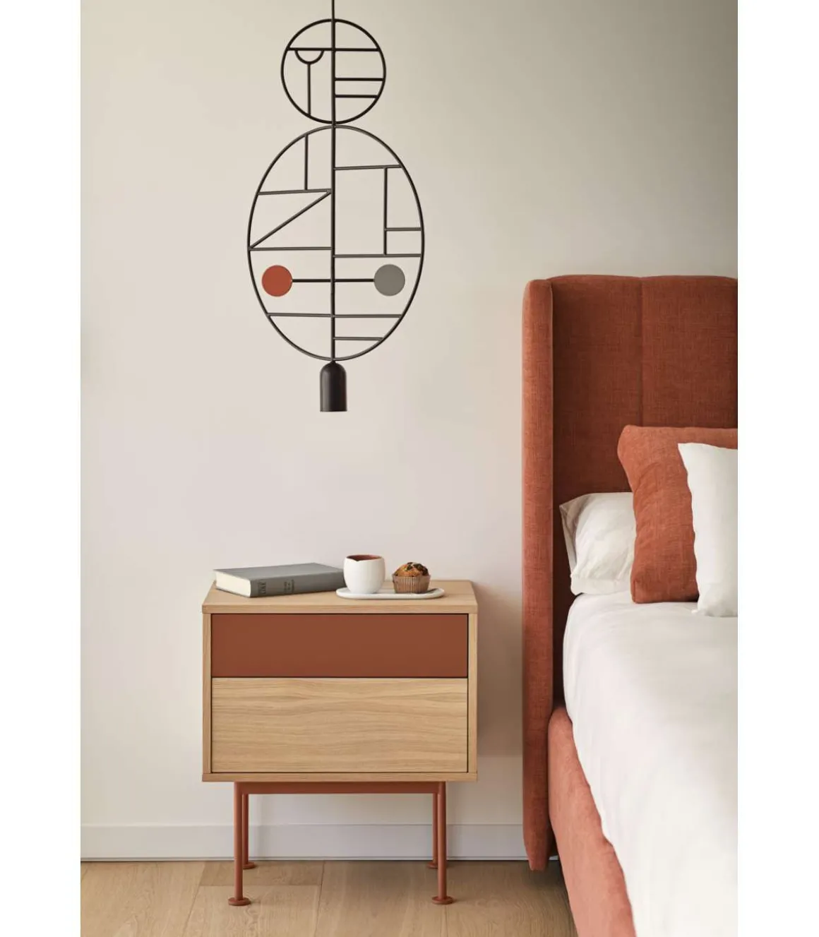 Mesita de noche para dormitorio modelo Yoko 2 cajones acabado roble/teja, 35cm(ancho) 54cm(alto) 52cm (largo)